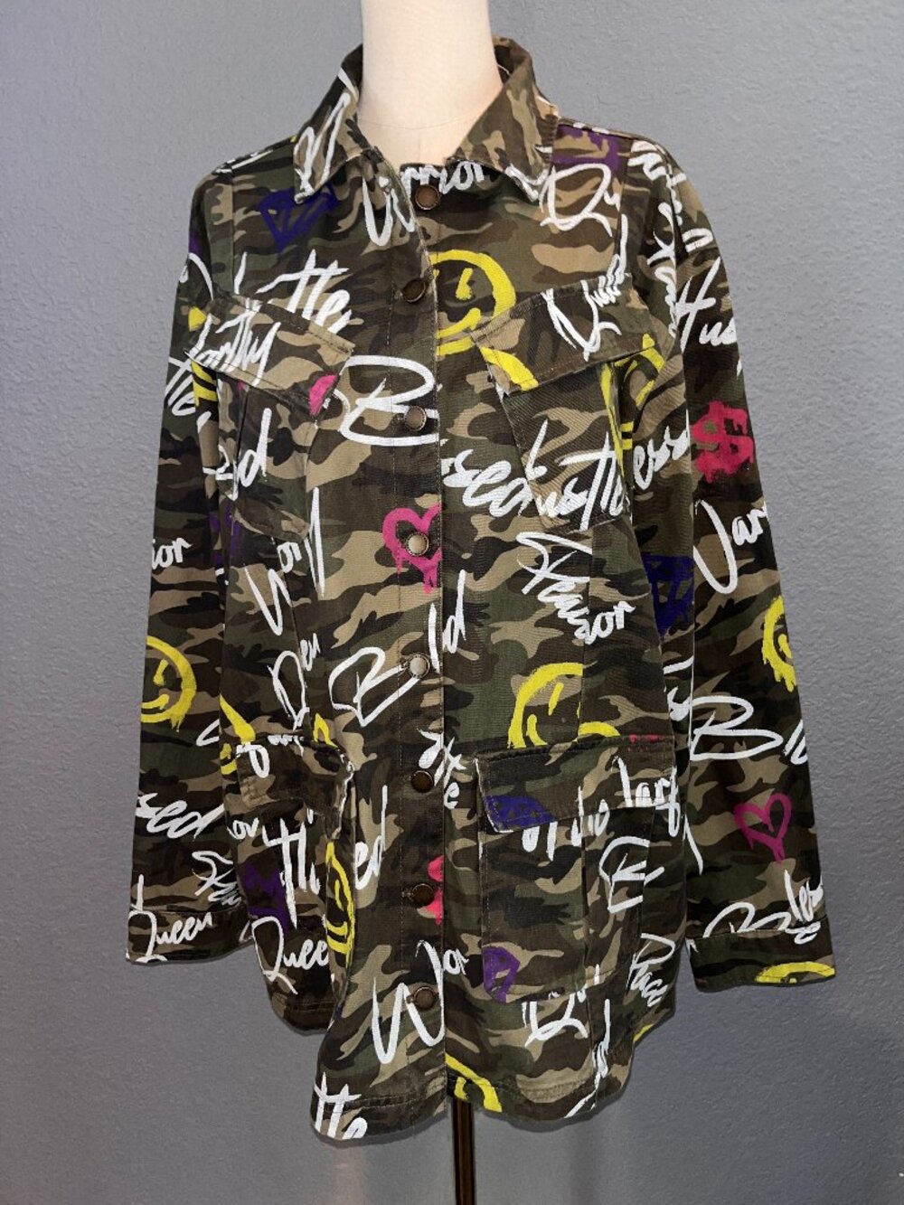 NINA PARKER PLUS SIZE CAMOUFLAGE GRAFFITI AFFIRMATION JACKET SHACKET -
